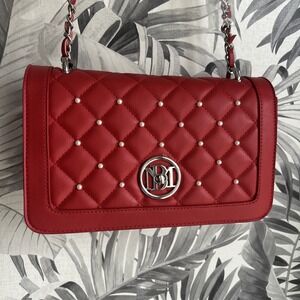 Badgley‎ Mischka NWT Studio Red Crossbody w/Pearls & Round Letter Lock Vegan
